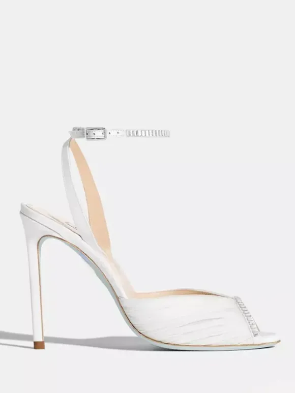 Escarpins de soirée à talons hauts en satin bout ouvert ornés de strass