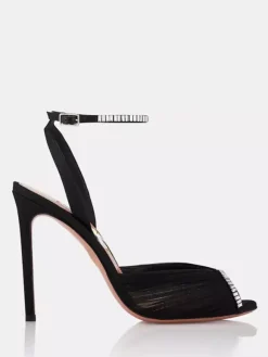 Escarpins de soirée à talons hauts en satin bout ouvert ornés de strass