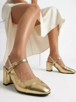 Escarpins dorés à talons compensés bout carré bride arrière chaussures de bal