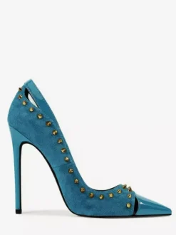 Escarpins en daim à talons hauts pour femmes bout pointu rivets chaussures à enfiler