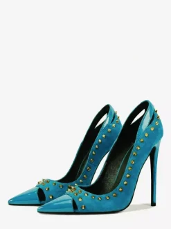 Escarpins en daim à talons hauts pour femmes bout pointu rivets chaussures à enfiler