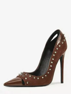 Escarpins en daim à talons hauts pour femmes bout pointu rivets chaussures à enfiler