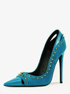 Escarpins en daim à talons hauts pour femmes bout pointu rivets chaussures à enfiler