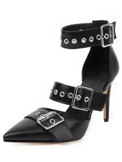Escarpins femme talon haut noir en PU bout pointu boucle métal réglable