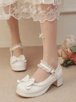 Escarpins Lolita à talons compensés en cuir PU avec n艙uds roses