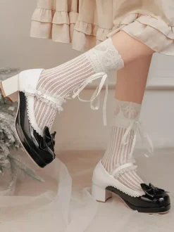 Escarpins Lolita à talons compensés en cuir PU avec n艙uds roses
