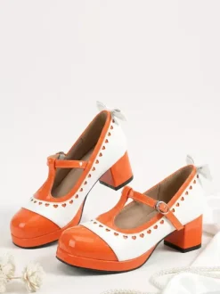 Escarpins Lolita Mary Jane à n艙uds orange bout rond cuir verni talon épais