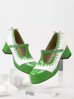 Escarpins Lolita Mary Jane à n艙uds orange bout rond cuir verni talon épais