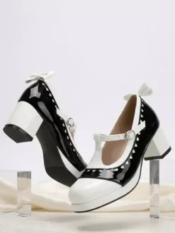 Escarpins Lolita Mary Jane à n艙uds orange bout rond cuir verni talon épais