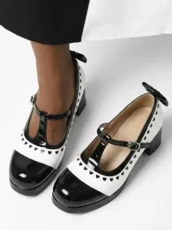 Escarpins Lolita Mary Jane à n艙uds orange bout rond cuir verni talon épais