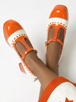Escarpins Lolita Mary Jane à n艙uds orange bout rond cuir verni talon épais
