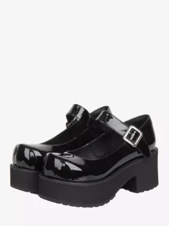 Escarpins Lolita noirs à plateforme en cuir PU bout rond style Harajuku.