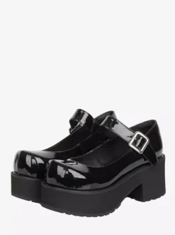 Escarpins Lolita noirs à plateforme en cuir PU bout rond style Harajuku.