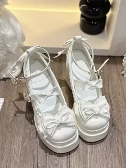 Escarpins Lolita Sweet blanc écru n艙uds cuir PU talon compensé