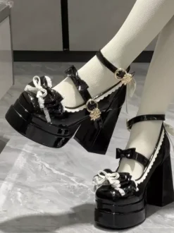 Escarpins Lolita Sweet blanc écru n艙uds cuir PU talon compensé