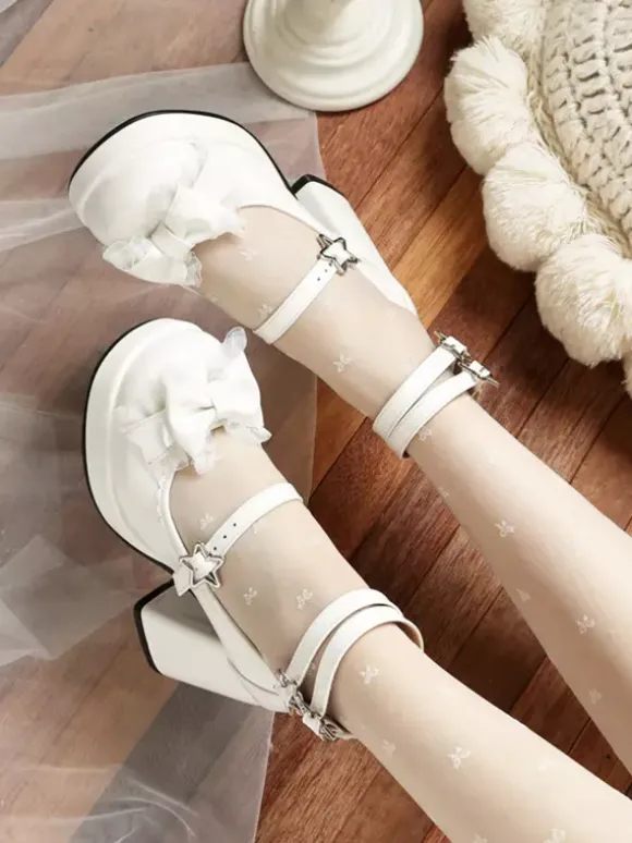 Escarpins Lolita Sweet 艙illets bleus n艙uds lacets bout rond cuir PU talon compensé.
