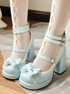 Escarpins Lolita Sweet 艙illets bleus n艙uds lacets bout rond cuir PU talon compensé.