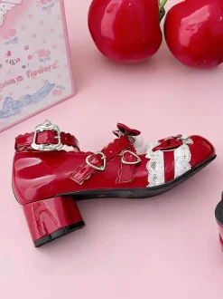 Escarpins Lolita Sweet lacets roses n艙uds bout rond cuir PU talon compensé