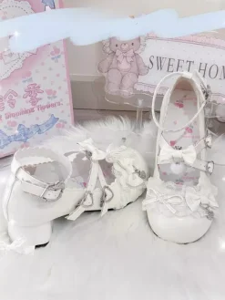 Escarpins Lolita Sweet lacets roses n艙uds bout rond cuir PU talon compensé