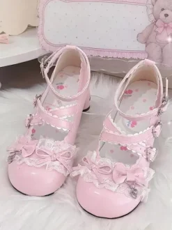 Escarpins Lolita Sweet lacets roses n艙uds bout rond cuir PU talon compensé