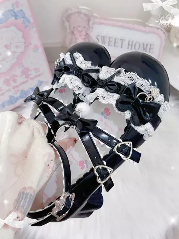 Escarpins Lolita Sweet lacets roses n艙uds bout rond cuir PU talon compensé
