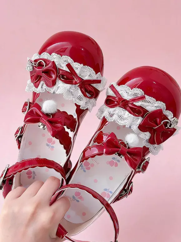 Escarpins Lolita Sweet lacets roses n艙uds bout rond cuir PU talon compensé
