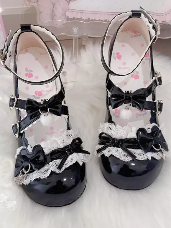 Escarpins Lolita Sweet lacets roses n艙uds bout rond cuir PU talon compensé