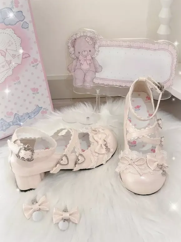 Escarpins Lolita Sweet lacets roses n艙uds bout rond cuir PU talon compensé