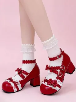 Escarpins Lolita Sweet lacets roses n艙uds bout rond cuir PU talon compensé