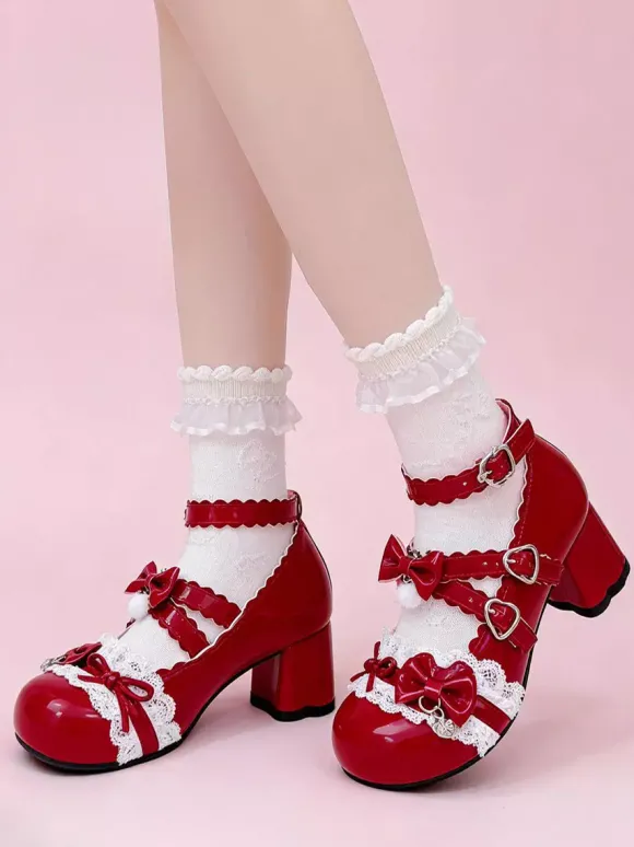 Escarpins Lolita Sweet lacets roses n艙uds bout rond cuir PU talon compensé