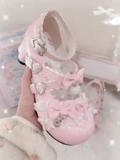 Escarpins Lolita Sweet lacets roses n艙uds bout rond cuir PU talon compensé