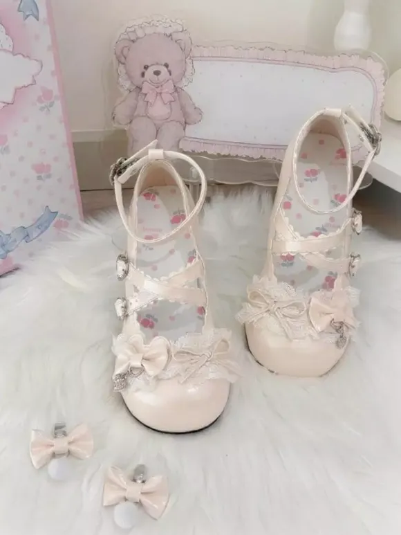 Escarpins Lolita Sweet lacets roses n艙uds bout rond cuir PU talon compensé