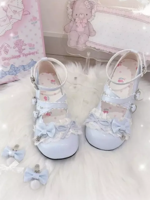Escarpins Lolita Sweet lacets roses n艙uds bout rond cuir PU talon compensé