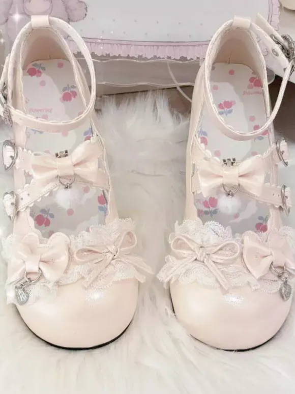 Escarpins Lolita Sweet lacets roses n艙uds bout rond cuir PU talon compensé