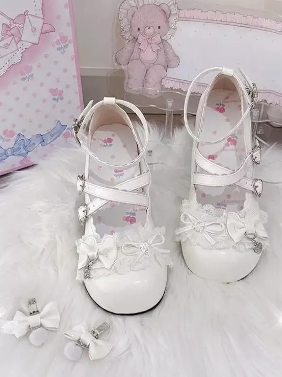 Escarpins Lolita Sweet lacets roses n艙uds bout rond cuir PU talon compensé
