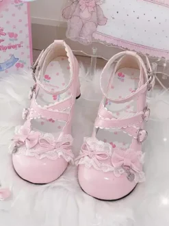 Escarpins Lolita Sweet lacets roses n艙uds bout rond cuir PU talon compensé