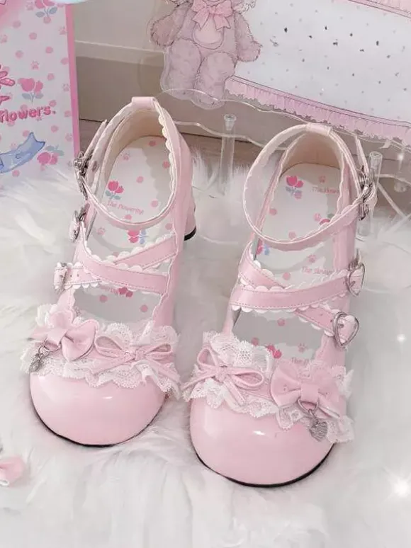 Escarpins Lolita Sweet lacets roses n艙uds bout rond cuir PU talon compensé