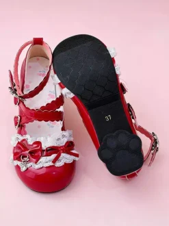 Escarpins Lolita Sweet lacets roses n艙uds bout rond cuir PU talon compensé