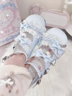 Escarpins Lolita Sweet lacets roses n艙uds bout rond cuir PU talon compensé