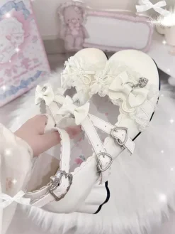 Escarpins Lolita Sweet lacets roses n艙uds bout rond cuir PU talon compensé