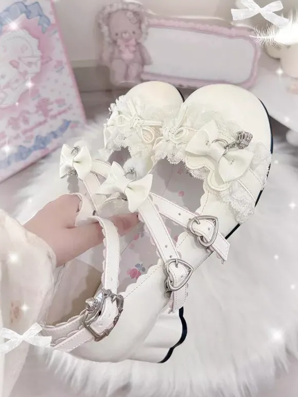 Escarpins Lolita Sweet lacets roses n艙uds bout rond cuir PU talon compensé