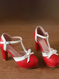 Escarpins Lolita Sweet Lolita à talons compensés en cuir PU avec n艙uds rouges