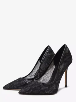 Escarpins noirs à bout pointu en dentelle à enfiler et à talons hauts