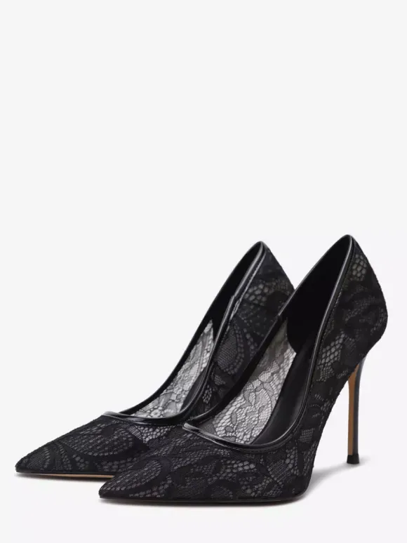 Escarpins noirs à bout pointu en dentelle à enfiler et à talons hauts