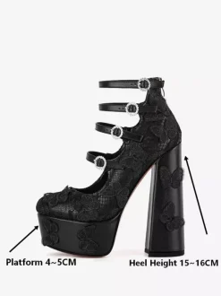 Escarpins noirs à lacets plateforme bout rond détails papillons talon épais chaussures de soirée