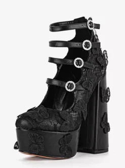 Escarpins noirs à lacets plateforme bout rond détails papillons talon épais chaussures de soirée
