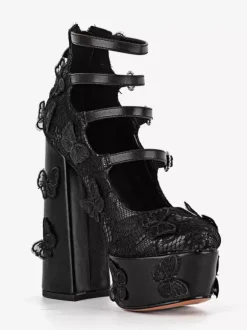 Escarpins noirs à lacets plateforme bout rond détails papillons talon épais chaussures de soirée