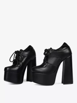 Escarpins noirs à talons hauts et plateforme bout rond lacets et talons épais pour femmes