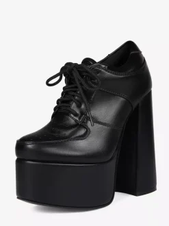 Escarpins noirs à talons hauts et plateforme bout rond lacets et talons épais pour femmes