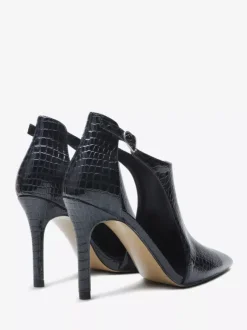 Escarpins noirs à talons hauts motif serpent bout pointu découpe et bride cheville.